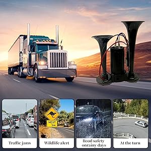 12V 600DB Air Horn Dual Trumpets, Super Loud Truck Train Horns Kit with Air Compressor for 12V SUV Motorcycle Trucks Pickup Lorries Trains Cars Boatsblack