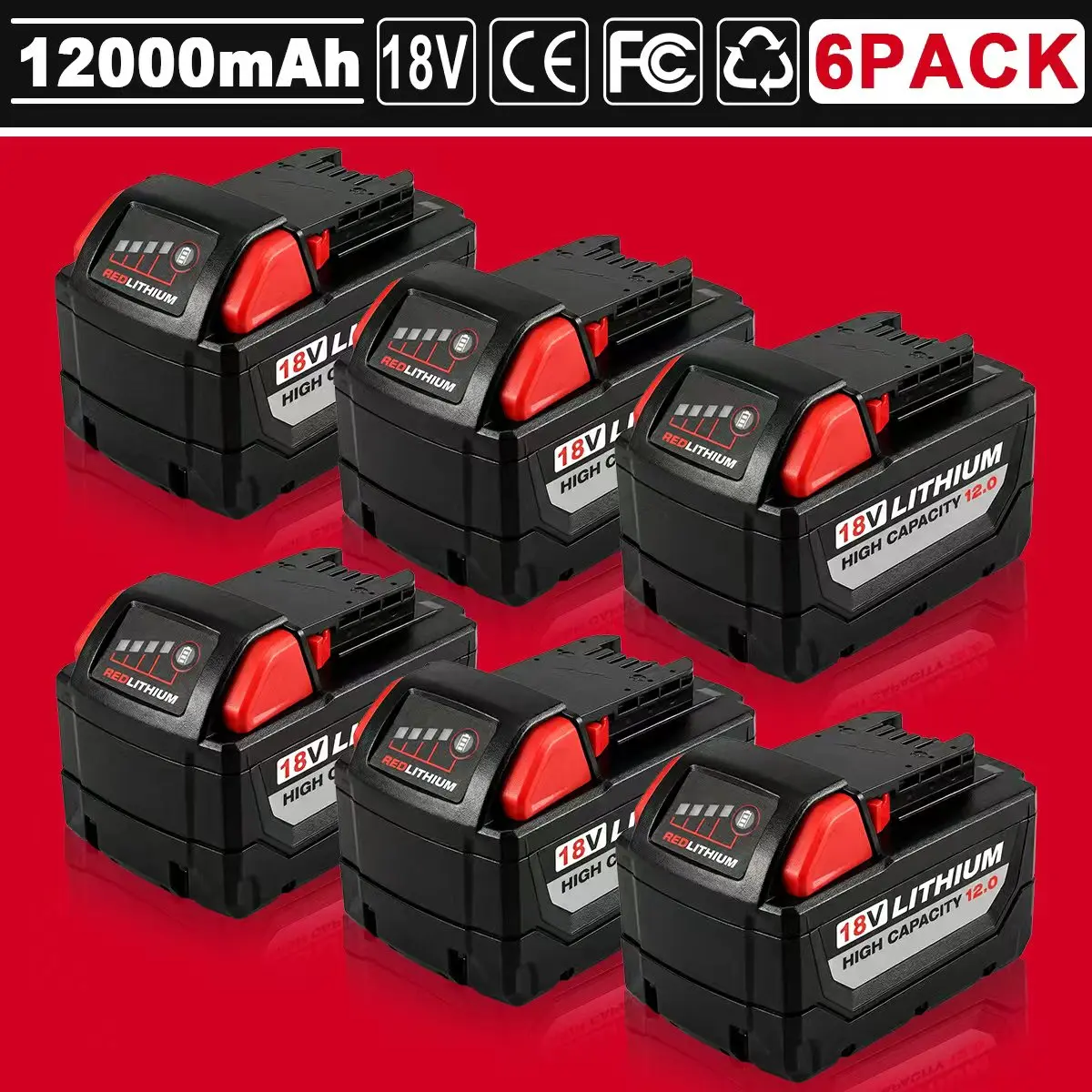 6-Pack M18 18V 12.0 Lithium-Ion Replacement Battery for Milwaukee Cordless Tools  Compatible with 48-11-1880, 48-11-1850, 48-11-1812, 48-11-1860, 48-11-1815 High capacity