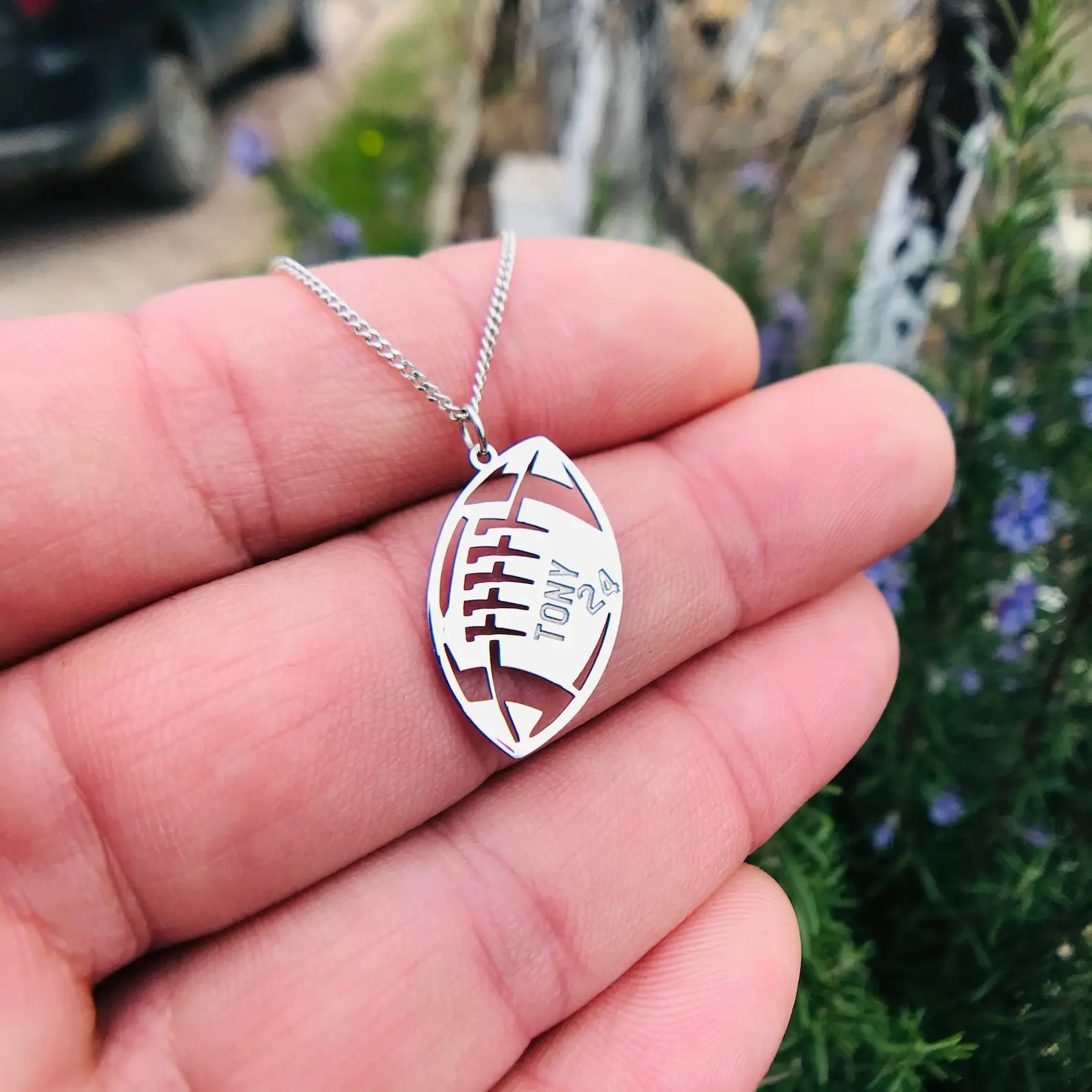 AS570 Personalized Custom Name and Number Rugby Pendant Stainless Steel Hollow Football Necklace Team Jewelry
