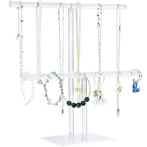 Acrylic Jewelry Display Holder, Necklace and Bracelet Hanging Organizer, Clear 2-Tier Tower Stand for Bangles, Necklaces, Rings, Earrings and Watch