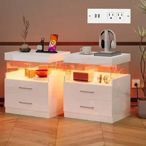 2Pcs Glossy White  End  Nightstand  Charging Station, High Gloss Night Stand   Lights, Modern Acrylic Floating Sofa Bed Side   Storage Drawers And Power Outlet For Living Room Bedroom LED Mirrored Console Table with Inlay Marble Dining