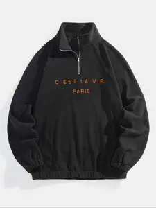 Men's "C' EST LA VIVE PARIS" Letter Embroidery Half Zip Polar Fleece Sweatshirt, Casual Regular Fit Long Sleeve Stand Collar Pullover for Fall & Winter, Fashion Men's Clothes for Daily Wear