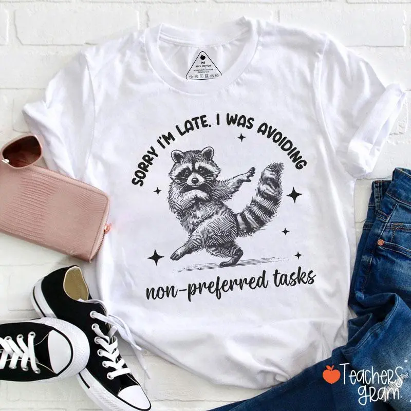 Funny Raccoon Graphic Tee, Casual Unisex Short Sleeve 100% Cotton Round Neck Top with "Sorry I'm Late" Slogan, Tops, Shortsleeve, 2Xl, Chest Width/T-Shirt Length/Sleeve Length, Funny Vibes, Printed, Soft, Clothes, Streetwear