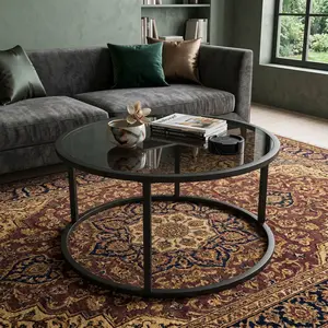 27" Round Glass Coffee Table, Clear Glass Top with Sturdy Metal Frame, Modern Center Table for Small Space, Suitable for Living Room & Home Office, Easy Assembly