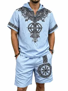 Viking Totem Men's Casual Set, Multi-Color Hooded Short-Sleeve T-Shirt & Shorts 2-Piece Set, Summer Breathable Feel Ethnic Printed Outfit, Loose Comfortable Streetwear, Versatile for Daily Outings/Vacation/Home Wear