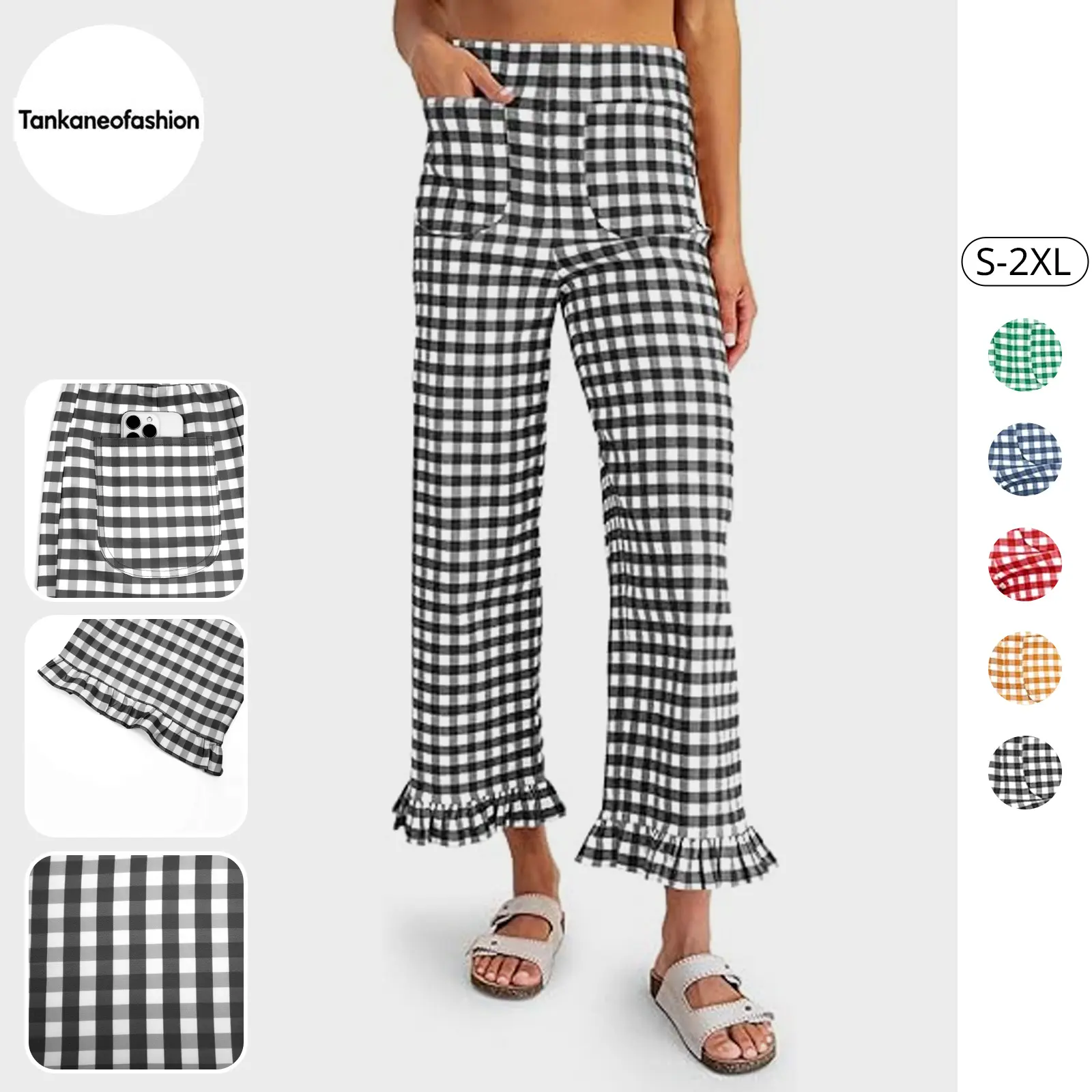 Tankaneo Womens Gingham Pants Summer Casual Ruffle Hem Elastic Waist Lounge Pants Y2k Plaid Trouser with Pockets