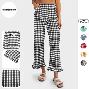 Tankaneo Womens Gingham Pants Summer Casual Ruffle Hem Elastic Waist Lounge Pants Y2k Plaid Trouser with Pockets
