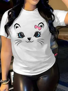 Cute Kitten Face T-Shirt - Short Sleeve Round Neck Casual Top with Medium-Stretch Fabric & Cat Ear Design (suitable for All-Season Wear), Machine Washable Comfortable Everyday Tee for Playful Outfits - Spring New Style