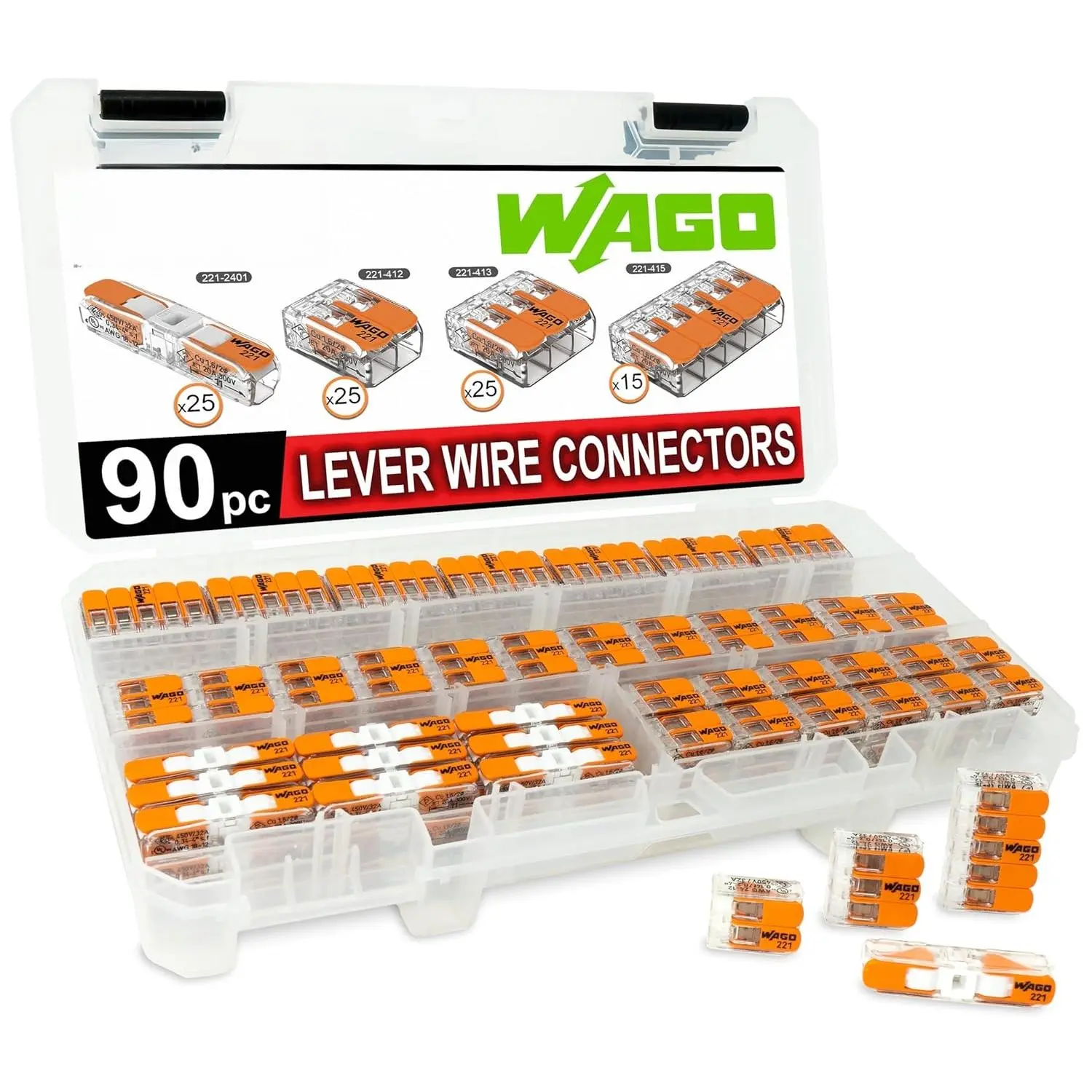 WAGO 221 Lever Nuts 90 count Compact Splicing Wire Connector Assortment with Case. Includes (25x) 221-2401, (25x) 221-412, (25x) 221-413, (15x) 221-415