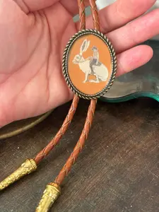 Cowboy Riding Jackrabbit Bolo Tie - Gifts for Him Leather Funny Gag Wedding Necktie Mens Necklace Bola Leather Animal Brown Bunny Jackalope
