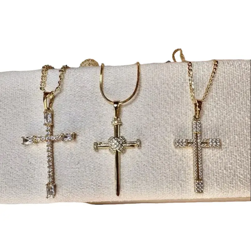 Women's Religious Cross Necklaces - Gold-Tone Metal Coating Pendant with White Zirconia Accent, 17.5" Cuban Chain, Lightweight Casual Chain Jewelry Necklaces for Daily Wear, Lightweight For All-Day Wear