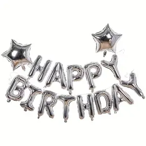 15-Piece Happy Birthday Aluminum Foil Balloons Set, Silver Color, Blue, 3D Letters Banner, Perfect for Kids' Party Decorations