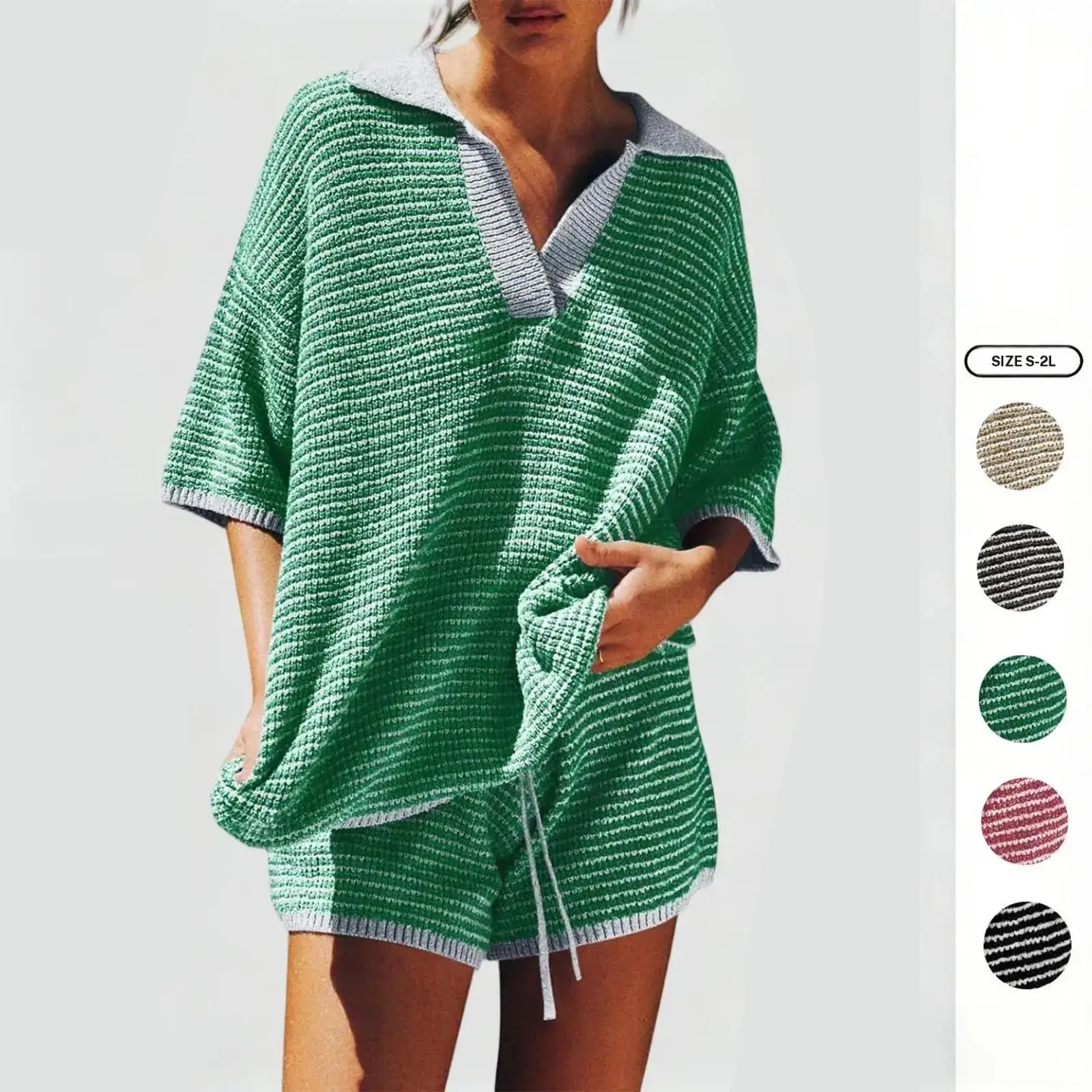 Imily Bela Womens Sweater Set 2 Piece Outfits Oversized 3/4 Sleeve V Neck Knit Tops High Waisted Shorts Lounge Sets