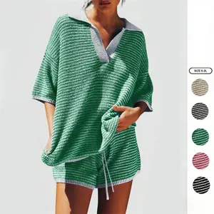 Imily Bela Womens Sweater Set 2 Piece Outfits Oversized 3/4 Sleeve V Neck Knit Tops High Waisted Shorts Lounge Sets