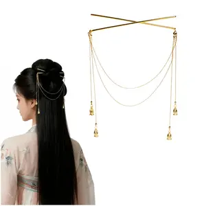 Vintage Gold Hair pins with Tassel for Women,New Chinese Style Hairstick with Chains & Bellflower Pendants,Hair Fork Styling Accessory for Buns Updos Hanfu Chignon,Fancy Gift for Her