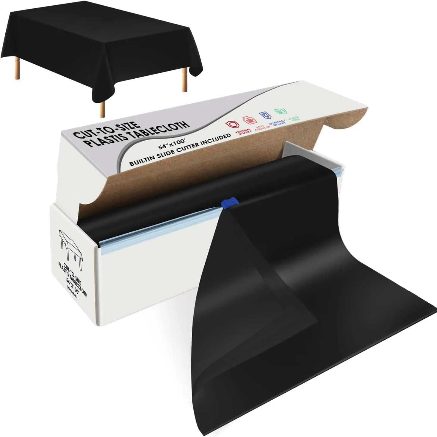 Black Disposable Plastic Table Cloth Roll 54" X 100', Plastic Table Cover with  Box, Cut to Size Disposable Tablecloth for Parties