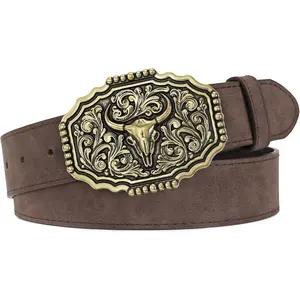 Western Cowboy Belt for Men Bull Buckle Belt Womens Western Floral Engraved Leather Belts for Jeans