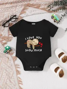Newborn Summer Short Sleeve Triangle Shirt, Unisex Baby Clothes, Cute I Love You Slow Much Sloth Heart Print, Fun Onesie