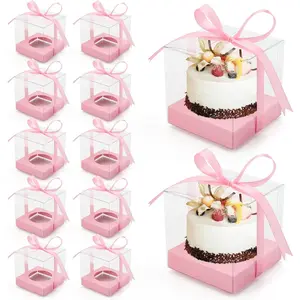 12 Pack Clear Plastic Cupcake Boxes, 3.5 Inch Gold Single Cupcake Containers Disposable Individual Cupcake Carrier Holder Boxes with Inserts and Ribbon (Pink)