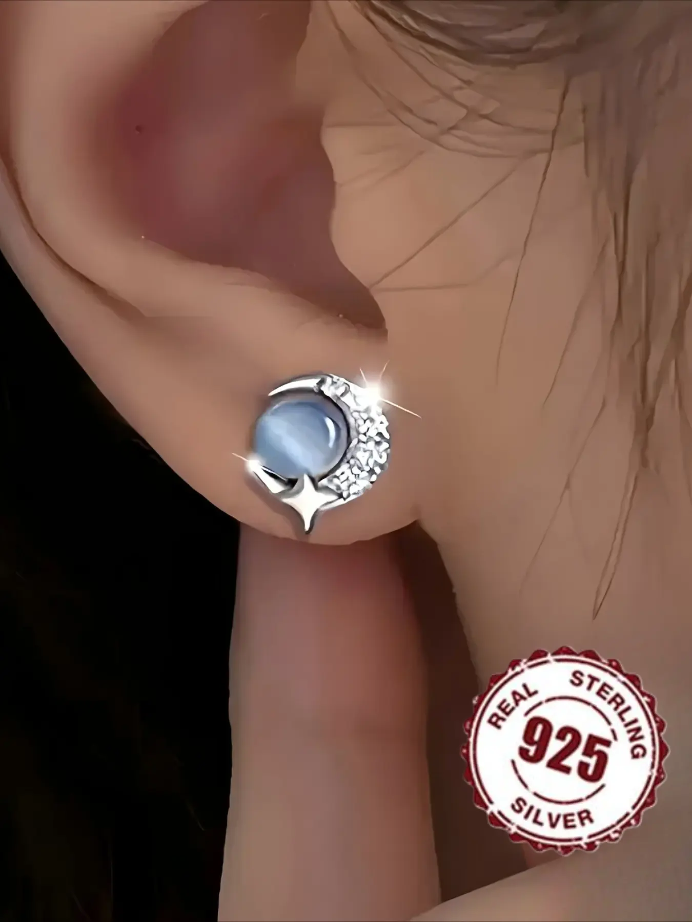 S925 Sterling Silver High Quality Earrings, Women's Moon and Star Studs in Silver Color, Hypoallergenic and Cute Design for Daily and Holiday Wear, Stud Earrings Jewelry