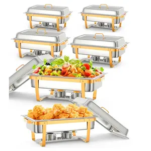 【GARVEE】4 Pack 8 Qt Stainless Steel Rectangle Chafing Dishes with Lids - Buffet Warmers and Food Warmers Set for Catering, Parties, and Buffet Display in Elegant Gold Finish