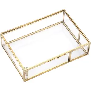 Gold Glass Photo Box, Vintage Photo Storage Organizer, Trinket Box Jewelry Display Organizer Keepsake Box Case Home Decor (Small)