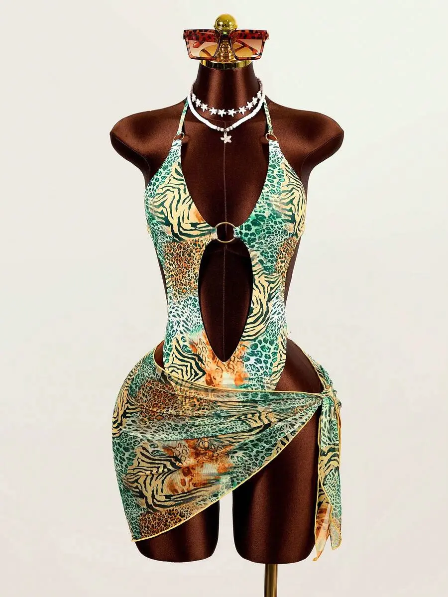 Ember x Zestiva 2pcs Women's Summer Beach Vacation Leopard Print Hollow Ring Swimsuit And Cover-Up Dress Set