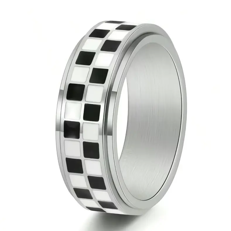 Unisex Geometric Chessboard Pattern Stress-Relief Rotating Ring - Gold and Silver Metal Coating Band, Daily Casual Fashion Accessory, All-Season Wearable, Checkerboard