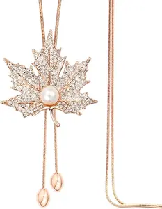 Y Sweet Crystal Maple Leaf Pendant Necklace Pearl Adjustable Bohemian Style Flower Tassel Long Chain Sweater Necklace