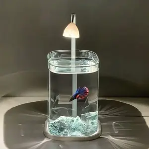 LED-Lit Ultra-Clear Glass Betta Fish Tank with Ice Crystal Decor – Compact Desktop Eco-Aquarium for Low-Maintenance Pet Fish Keeping