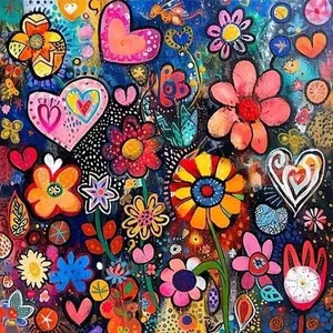 Full Drill Round Diamond Painting Kit, Flower and Heart Mosaic Canvas DIY Wall Art, Home Decor for Halloween Christmas Birthday Anniversary Gifts