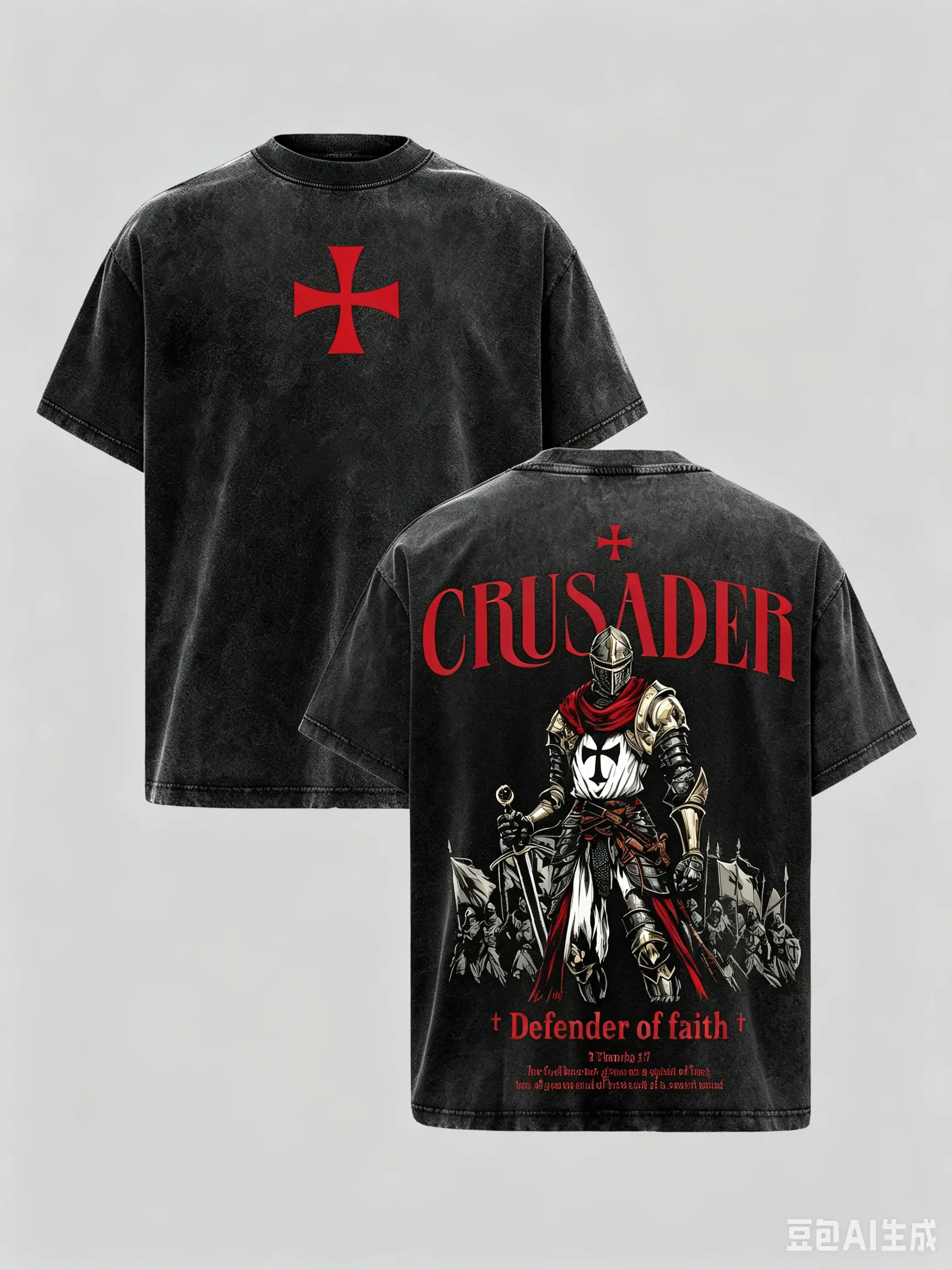 Men's Crew Neck Casual Short-Sleeve Heavy Cotton T-Shirt - Unisex Loose Vintage Washed Basic Classic Top, Crusader Defender of Faith Knight Graphic, 2 Timothy 1:7 Scripture Medieval Christian Dark Gothic Warrior, Easy Layering, Christmas Tshirt