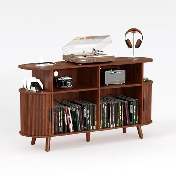 GARVEE 55'' Fluted Mid Century Modern Turntable Cabinet, Large Round Record Player Stand with Charging Station and Display Shelf, Arched Wood Record Player Table for Living Room