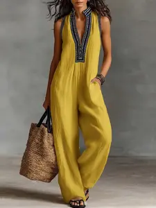 Women's Simple Sleeveless Embroidered Romper, High Waist, 2026 Summer New Design, Zipper and Stand Collar, Fashionable and Comfortable