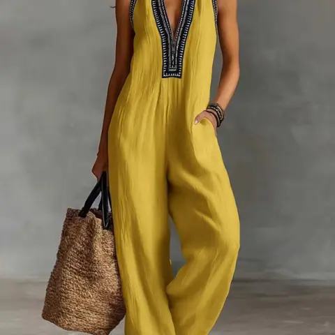 Women's Simple Sleeveless Embroidered Jumpsuit Overall, Casual Style, Loose, High-Waist, New 2026 Summer Design, Zipper Closure & Stand Collar, Fashionable & Comfortable
