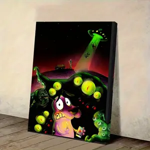 1 item<Brave Little Dog>Canvas Wall Art Poster - Official Inspired Character Painting with Screaming Green Monster and Night Sky Scene, Suitable for Bedroom, Living Room, Hallway Decoration - Ready-to-Hang Horror Cartoon Home Decor, 2D Flat