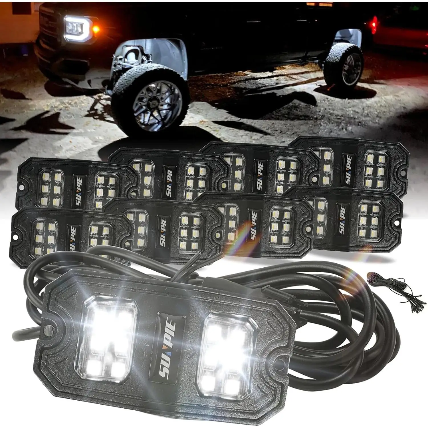 SUNPIE Pure White Rock Lights, 18 Wide Angle Chips 6000K Pure White 4M Extension Wires Each Light IP67 Waterproof for Trucks Trailer Cars SUV ATV UTV