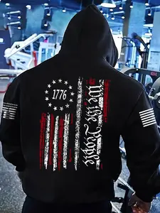 Men's Thick Long Sleeve Loose Hoodie, Flag Print, Graphic Print Hoodie, Casual Comfortable Sports Sweatshirt, Fall & Winter Outdoor Activities