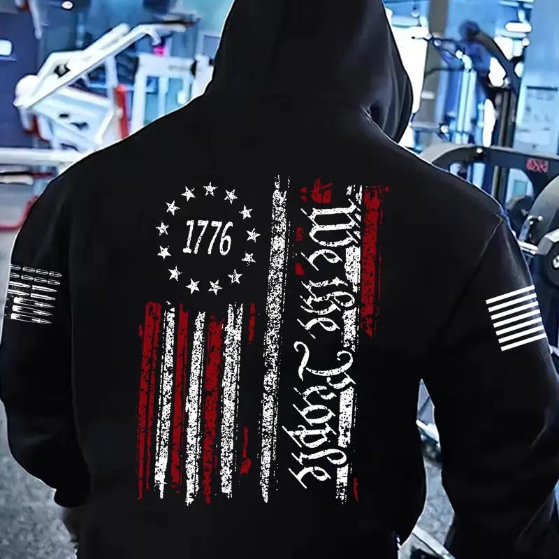 Men's Thick Long Sleeve Loose Hoodie, Flag Print, Graphic Print Hoodie, Casual Comfortable Sports Sweatshirt, Graphic Hooded Sweatshirt, Fall & Winter Outdoor Activities