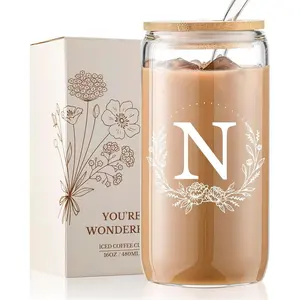 Personalized Gifts for Women, Monogrammed 16oz Glass Cups with   and Straws, Customized Glass Tumbler, Cute Custom Mug, Customizable Initial Iced Coffee Glasses, Birthday Bridesmaid Mom, N