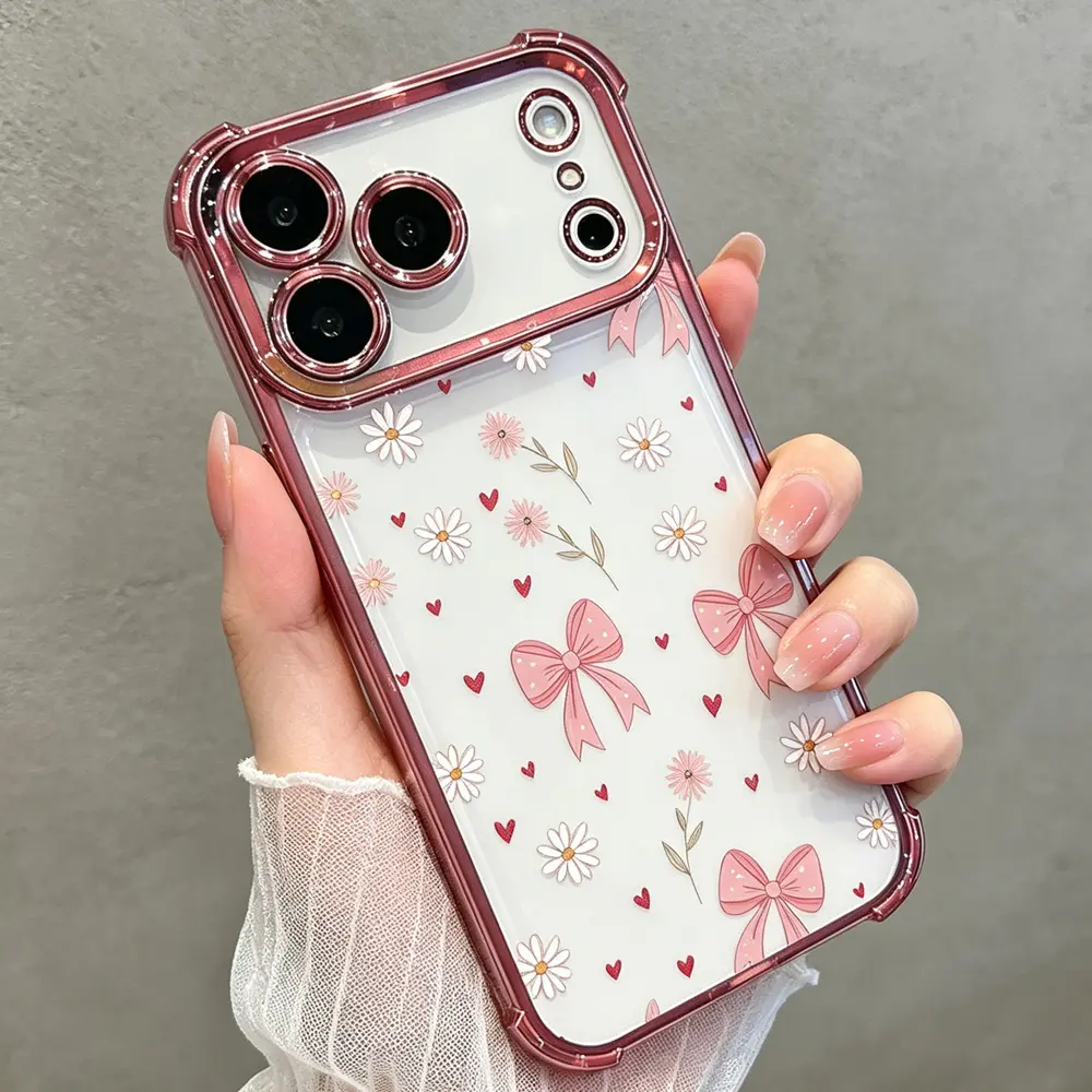 Pink Bow Floral Phone Case for iPhone 18 17 16 15 14 13 12 11 Pro Max Plus Air, Cute Shockproof TPU Protective Cover DDSJ260706006