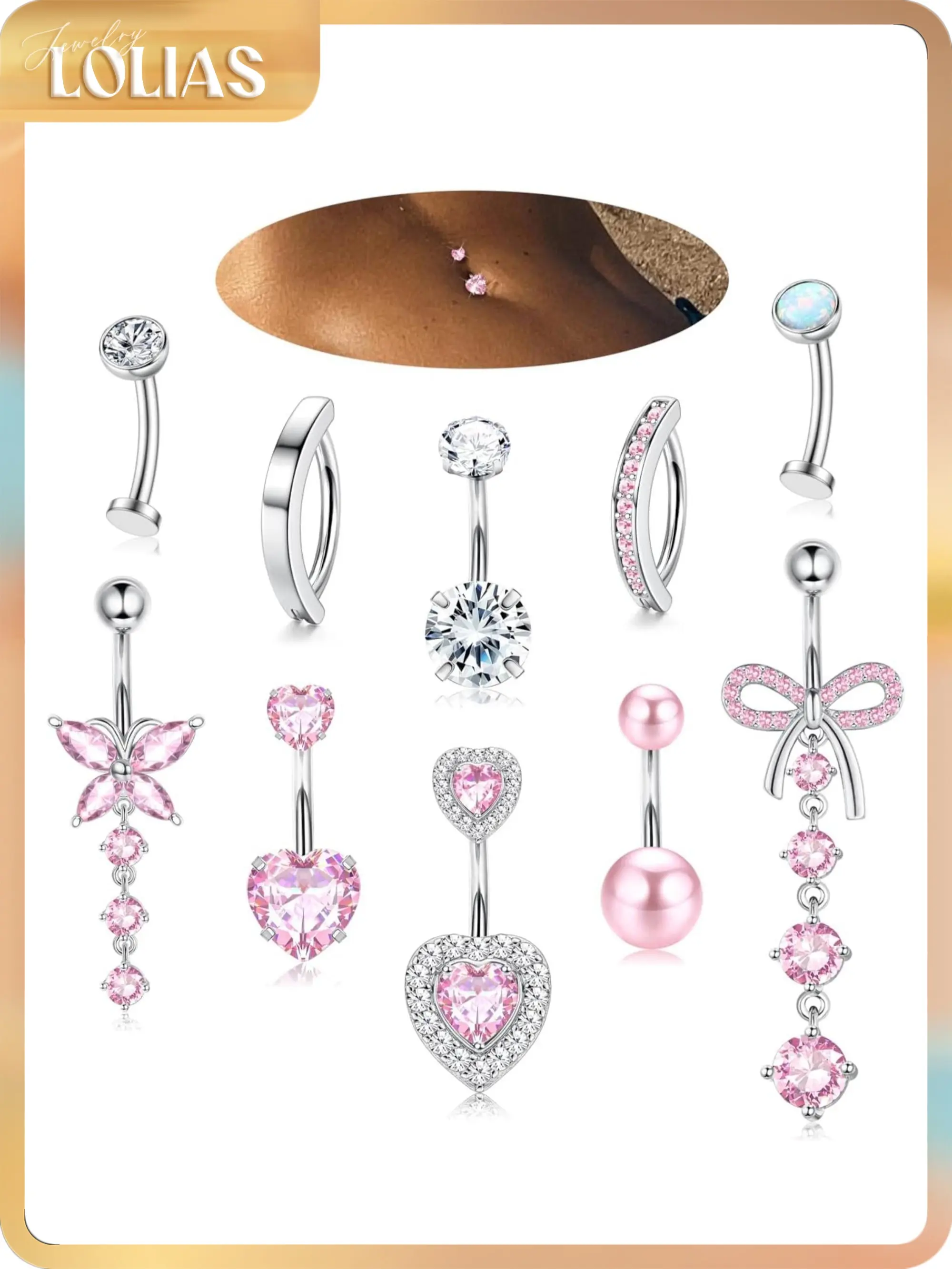 LOLIAS 10 Pcs 14G Surgical Stainless Steel Body Jewelry - Bling Dangling CZ Heart Opal Butterfly Clicker Floating Navel Belly Piercing for Women (Silver, Gold, Pink), Belly Button Rings, Bling Effect, Set, Casual, Stylish Accessories, Female, Opal Clicker