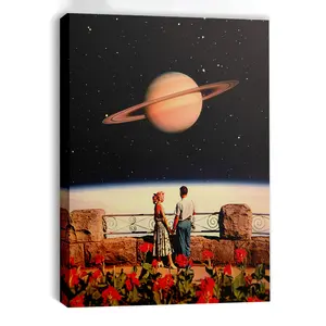 1 Piece Framed Canvas Wall Art Poster - Romantic Space Couple and Saturn, Living Room Decoration, Ready to Hang, Ideal for Astronomy Enthusiasts and Valentine's Day Gifts, Dreamy Space Room Decoration, High-Quality Printing, Decorative Painting