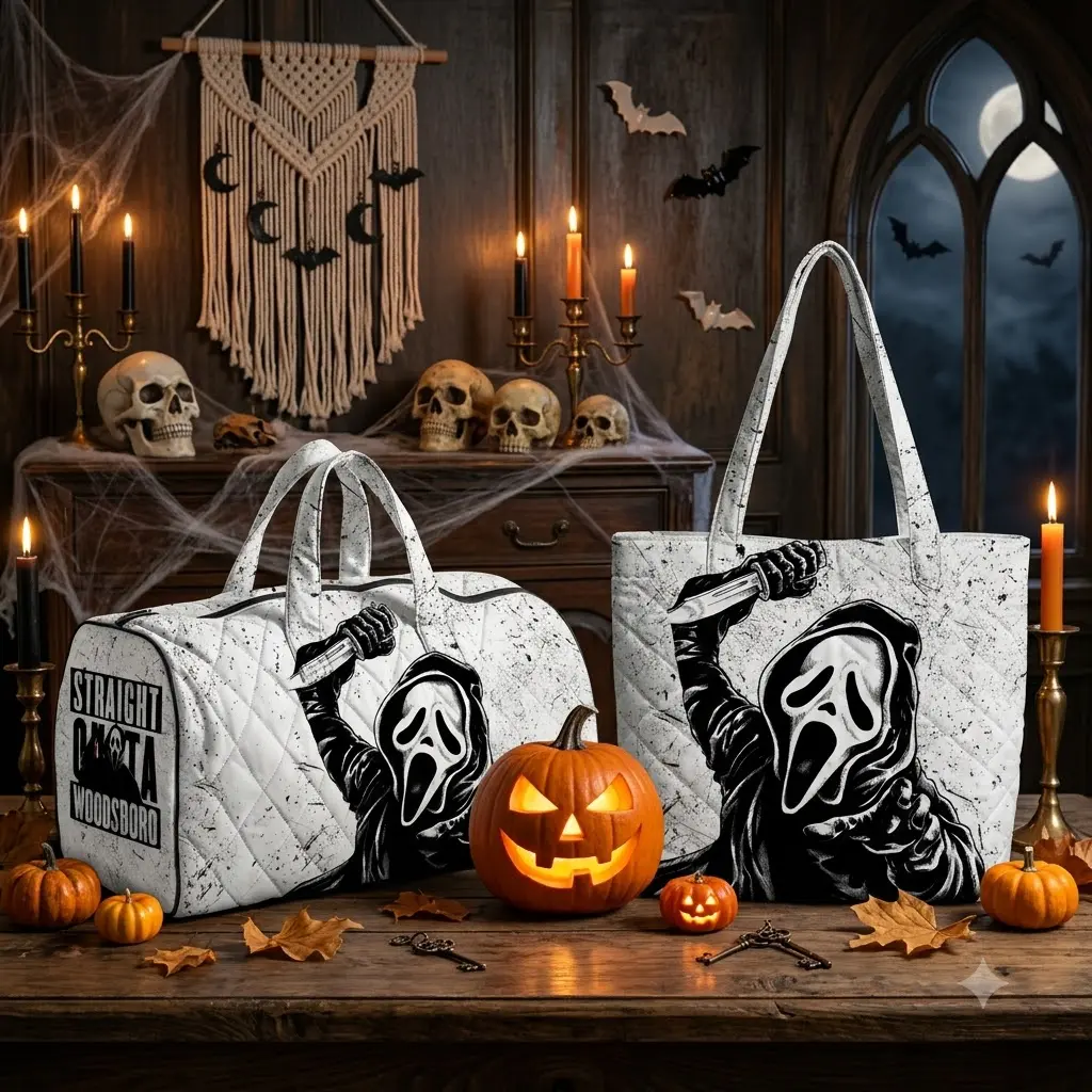 Ghostface Tote Bag and Weekend Bag Set, Scream Mask Knife Black White Halloween Horror Design, Gift for Horror Movie Lovers