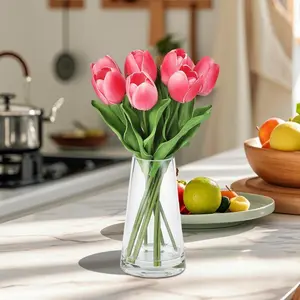 Tulips Artificial Flowers in Glass Vase,Real Touch Fake Tulips with Faux Water for Home Decor,Dining Table Centerpiece (Rose Red)