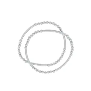 Marlena Satin Metal Beaded Stretch Bracelets (Set of 2) in Satin Silver