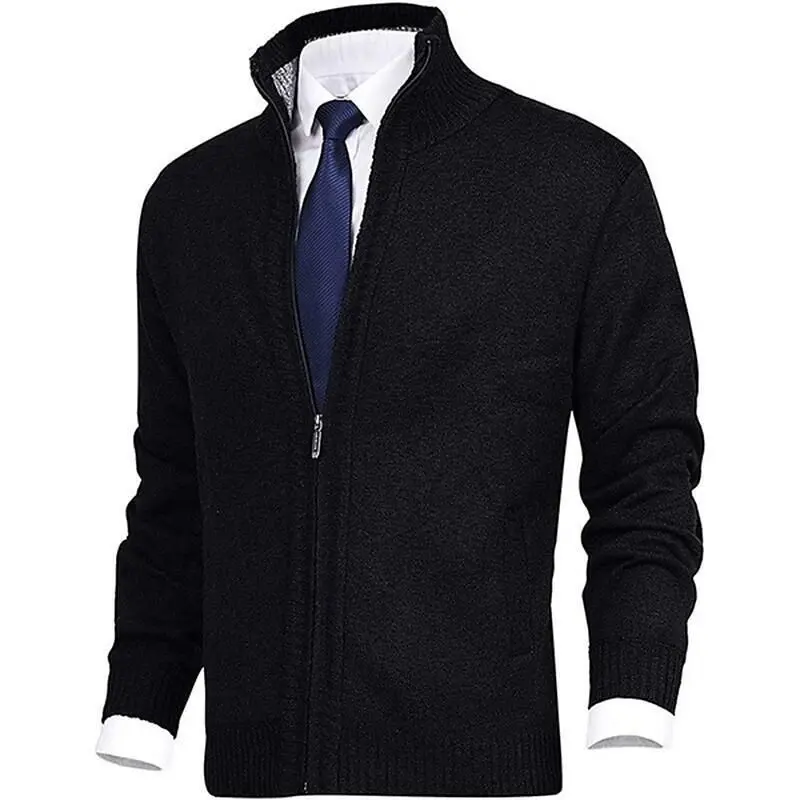 Men's Cardigan Sweaters Full Zip Up Stand Collar Slim Fit Casual Knitted Sweater with 2 Front Pockets