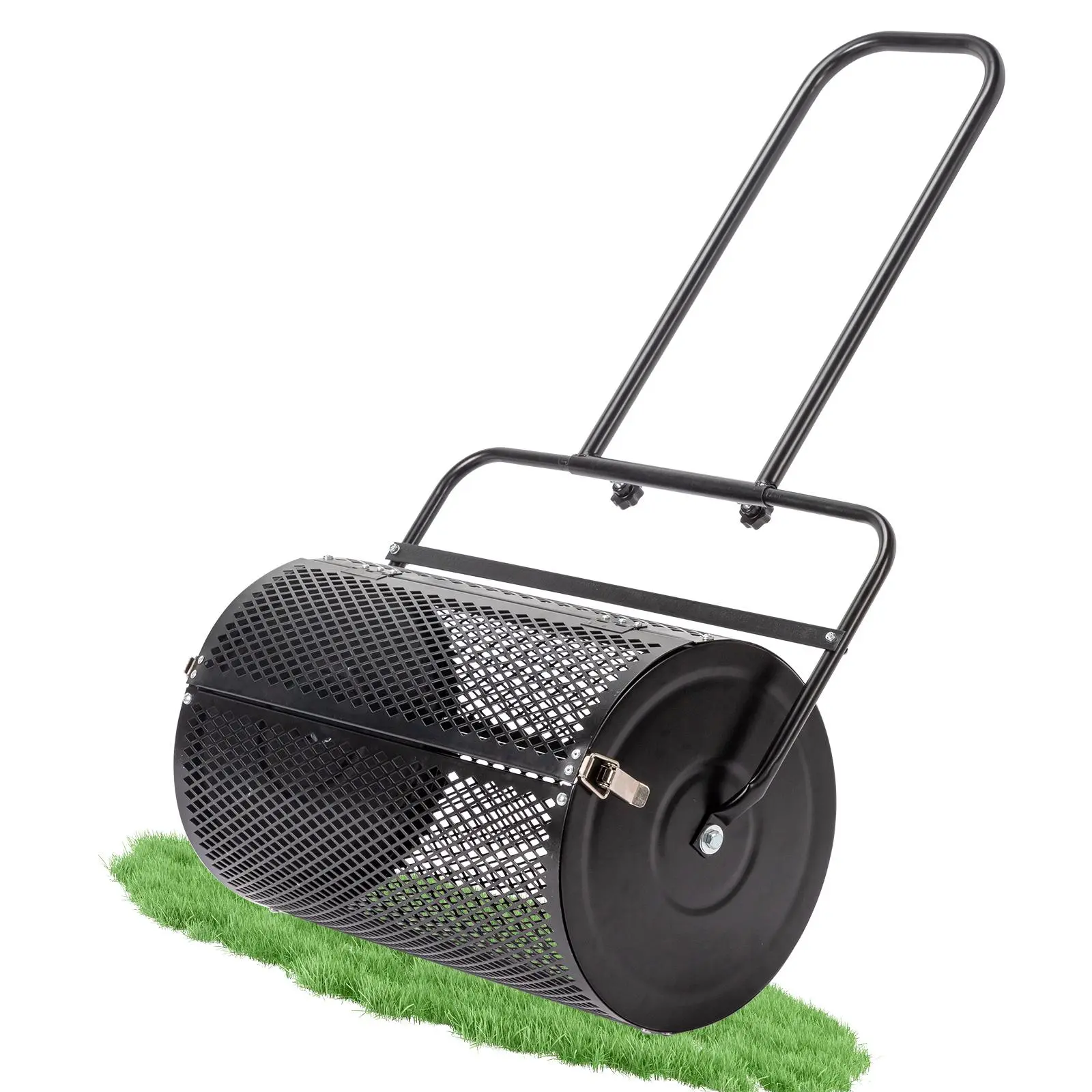【Summervibes】24 Inch Compost Spreader For Lawn, Garden Peat Moss Roller With Double Side Latches, Powder Coated Steel Mesh Basket For Topdressing & Seedling, Black