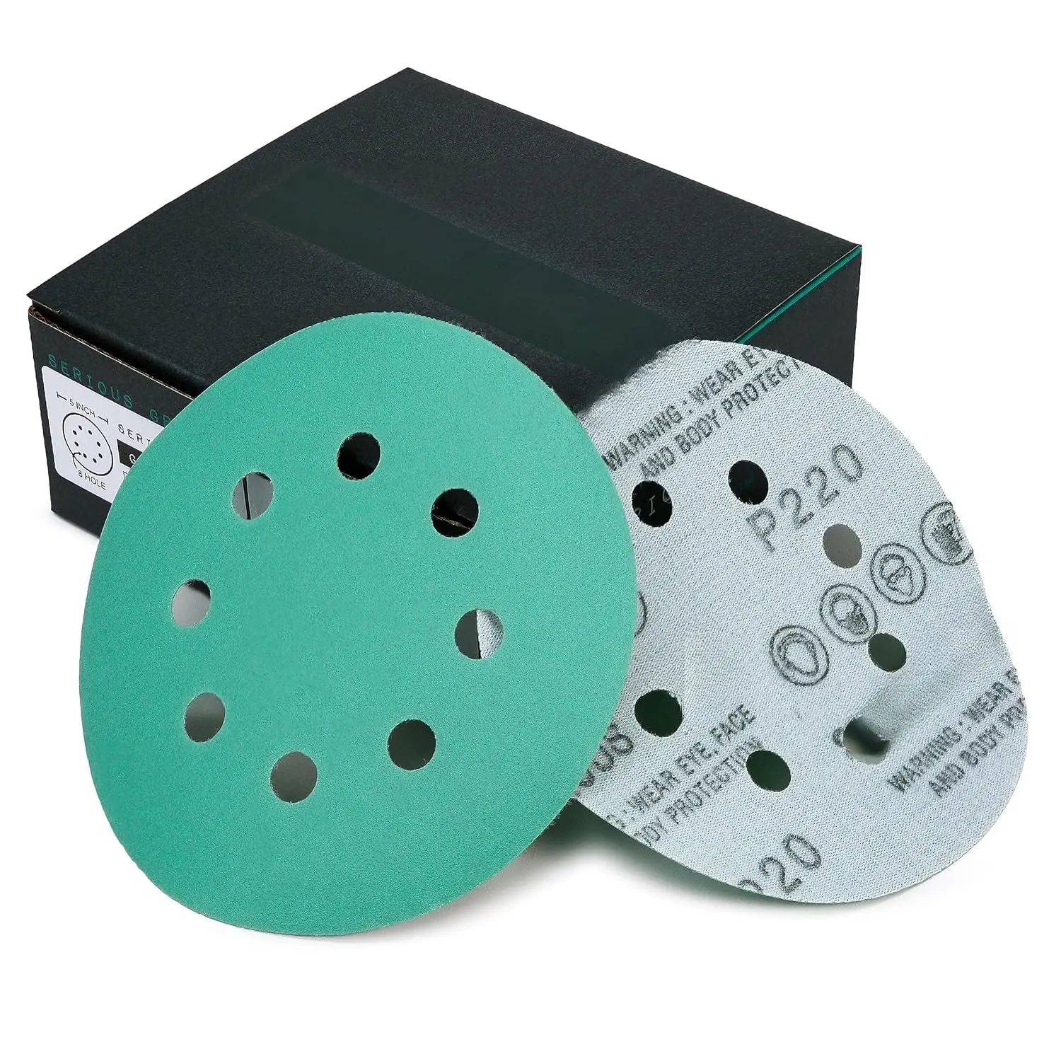 5 Inch 8-Hole 220 Grit Polyester Synthetic Heavy-Duty Hook & Loop Wet Dry Film Sanding Discs with Anti-Clog Coat - Fits Craftsman, Norton, Mirka, Black and Decker, Metabo, Ridgid Random Orbital Sanders - For Surface Sanding, Flatter Finishes - 50-Pack Box