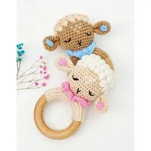 Amigurumi Fluffy Lamb Handmade /Crochet Natural Wood Ring Plush Soft Toy and Teether